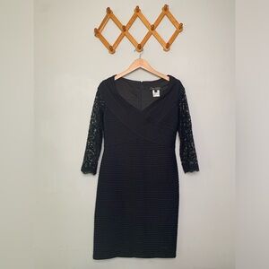 Women’s Tadashi Shoji Black Ribbed V-neck Bodycon 3/4 Lace Crochet Sleeves SZ L